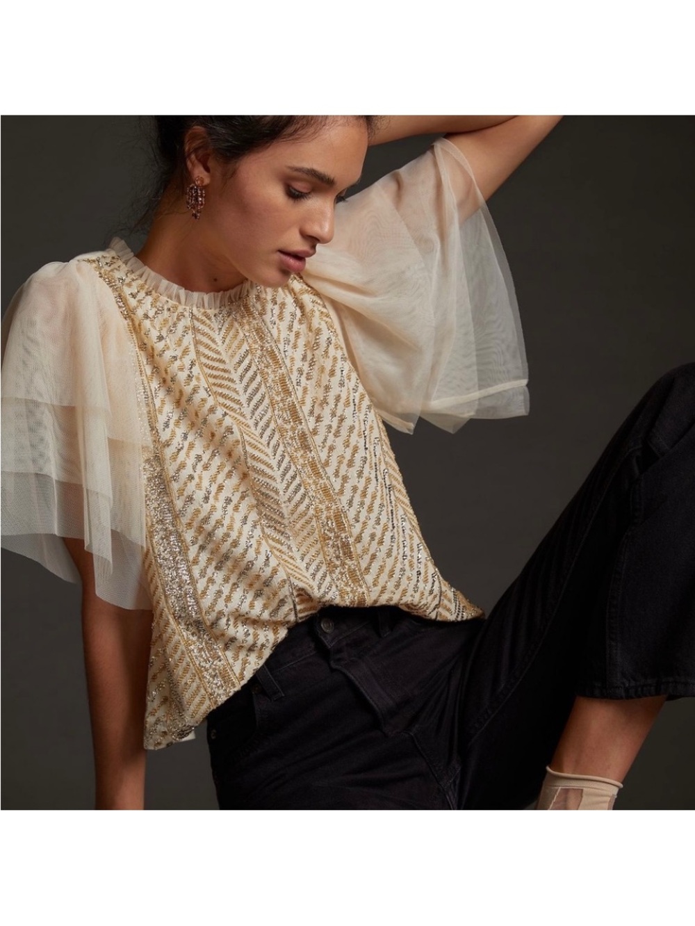 Anthropologie Letmebe cream & Gold sparkly Tiered Sheer tulle Sleeve Blouse XS